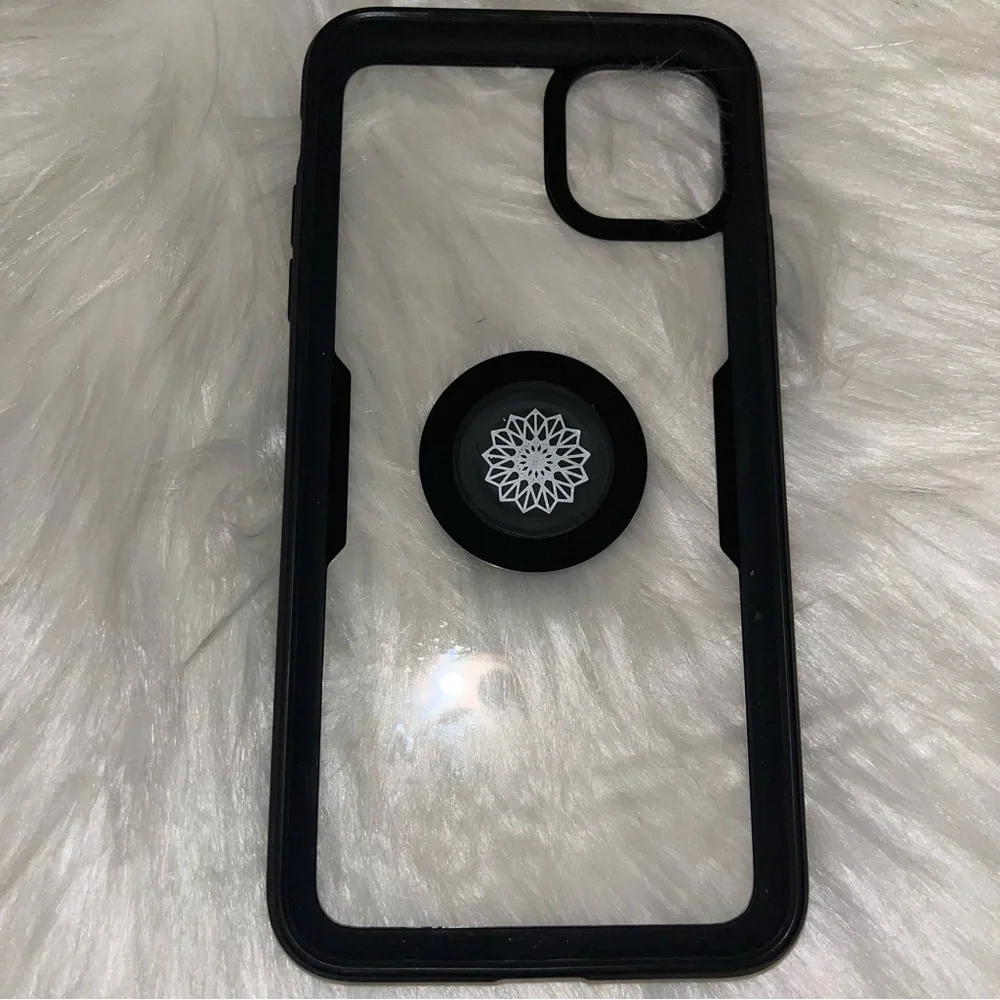 iPhone 11 Pro Max black and clear cell phone cover with stand